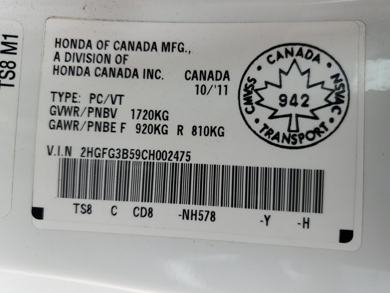2012 Honda Civic Lx VIN: 2HGFG3B59CH002475 Lot: 62685285