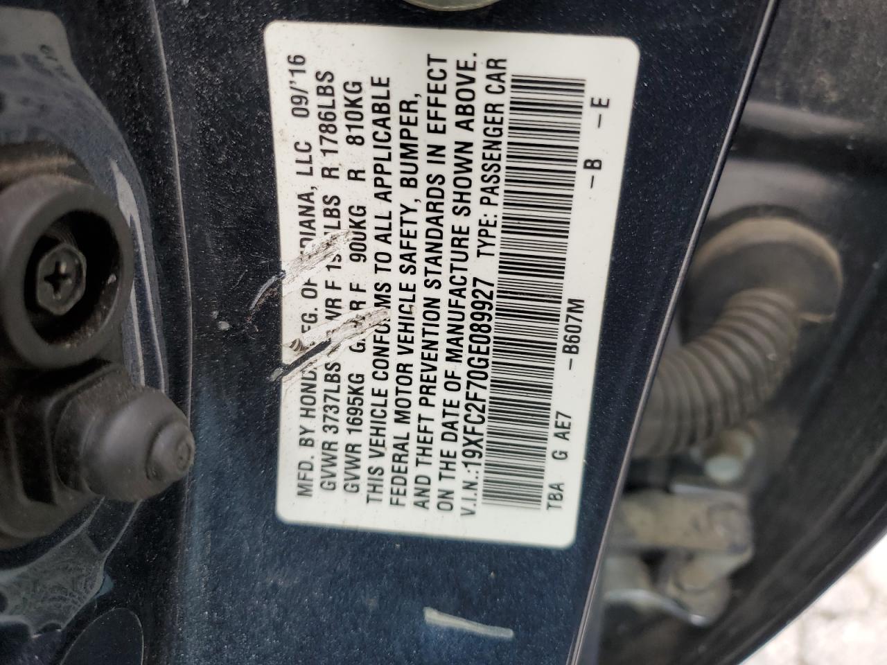 2016 Honda Civic Ex VIN: 19XFC2F70GE089927 Lot: 61066395