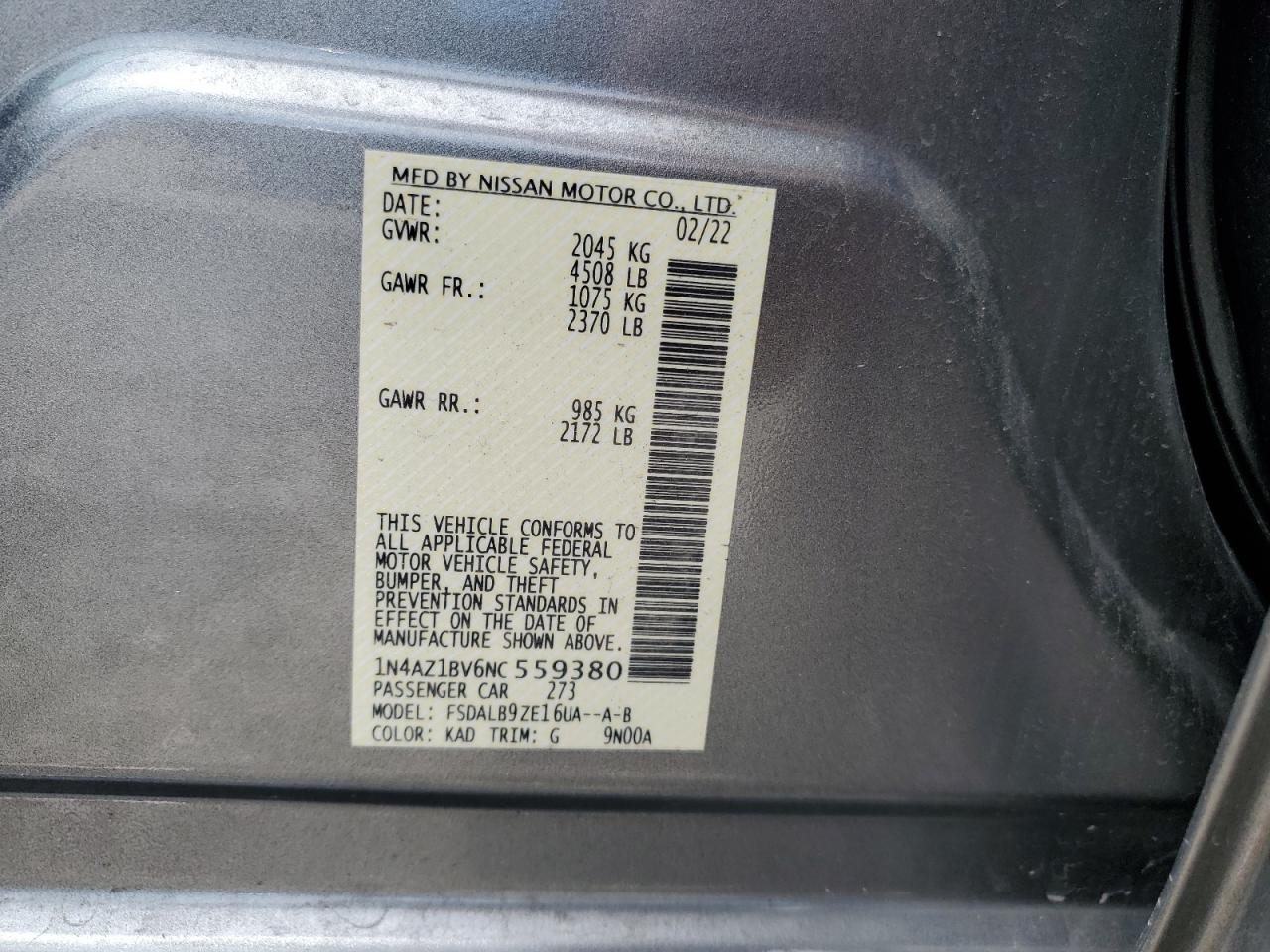 2022 Nissan Leaf S VIN: 1N4AZ1BV6NC559380 Lot: 62304335