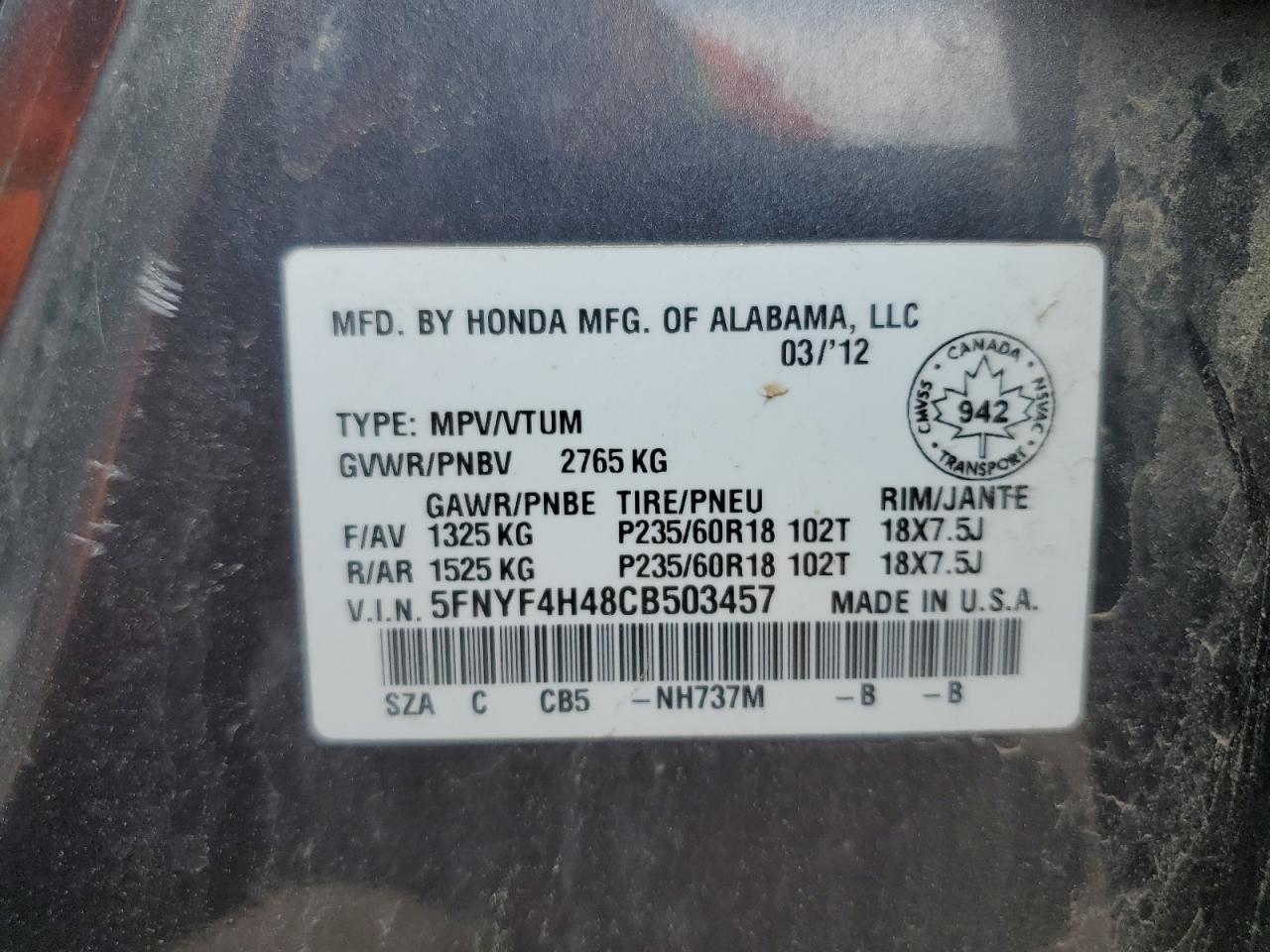 2012 Honda Pilot Ex VIN: 5FNYF4H48CB503457 Lot: 60198655