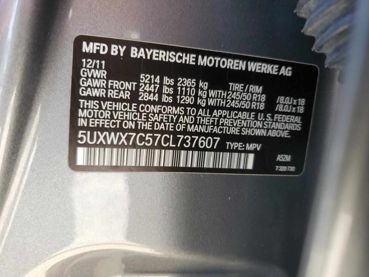 2012 BMW X3 xDrive35I VIN: 5UXWX7C57CL737607 Lot: 61954915
