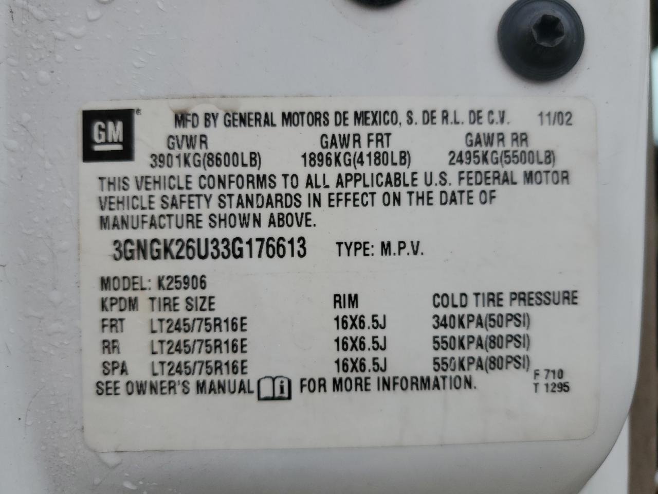 2003 Chevrolet Suburban K2500 VIN: 3GNGK26U33G176613 Lot: 59850095