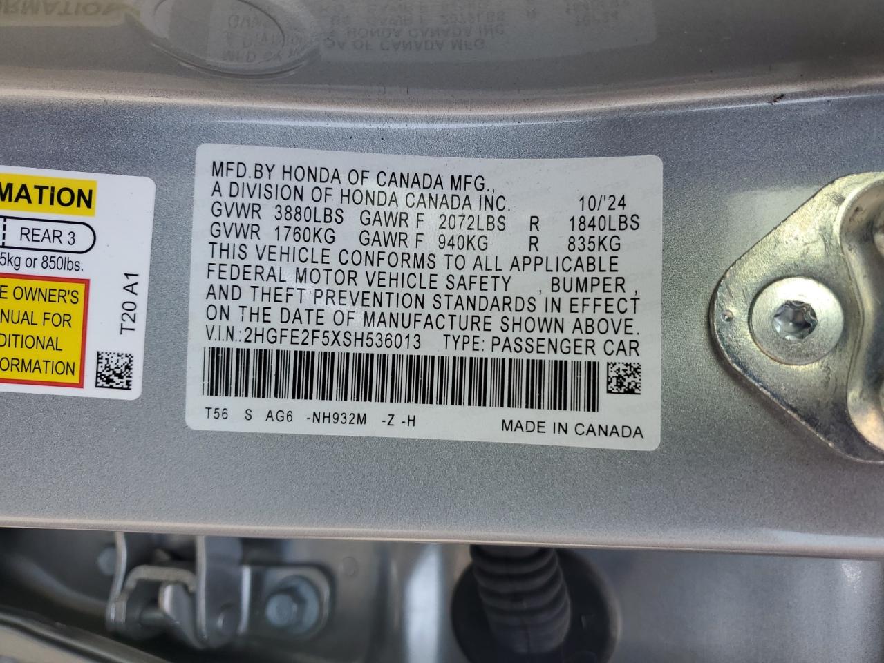 HONDA CIVIC 2025 VIN 2HGFE2F5XSH536013 фото 12