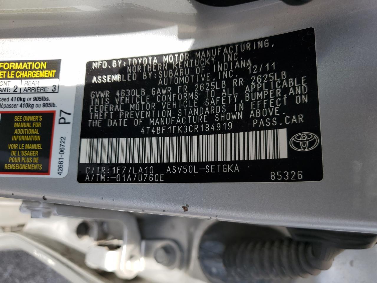 2012 Toyota Camry Base VIN: 4T4BF1FK3CR184919 Lot: 62524895