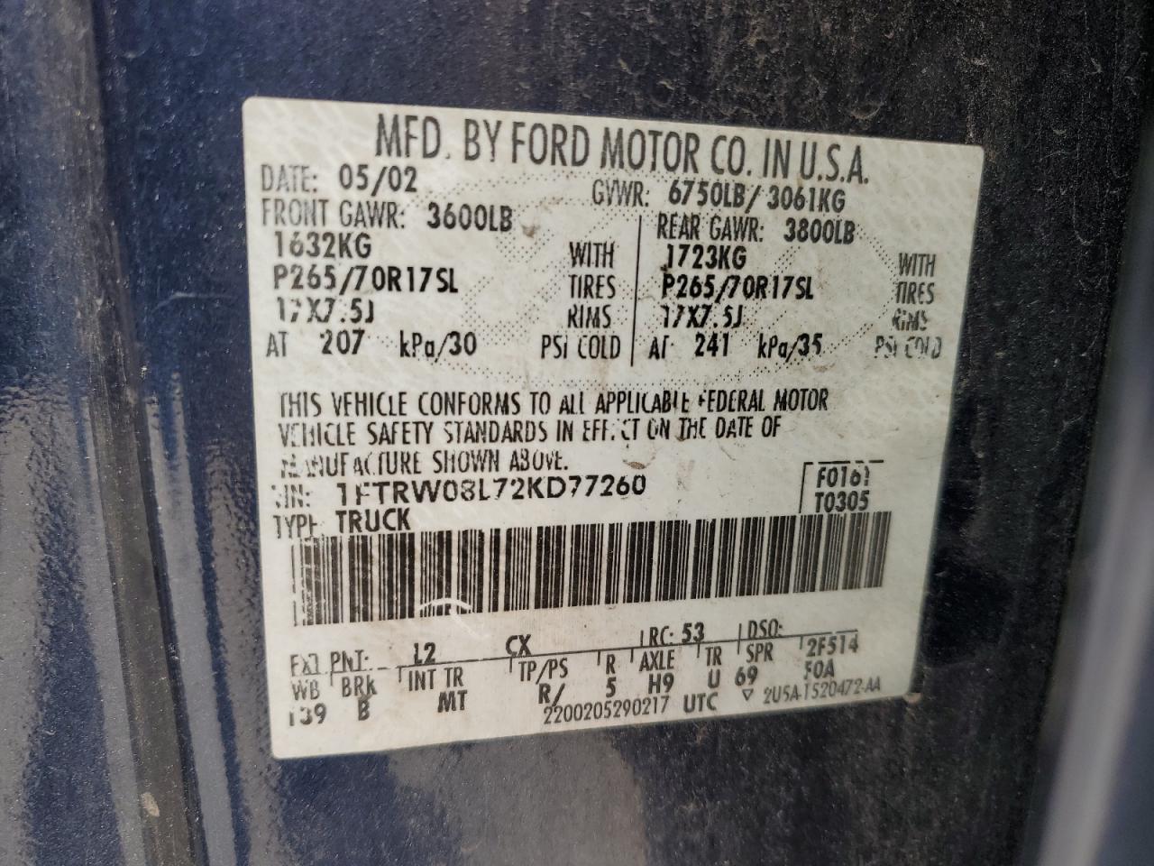 2002 Ford F150 Supercrew VIN: 1FTRW08L72KD77260 Lot: 59383945