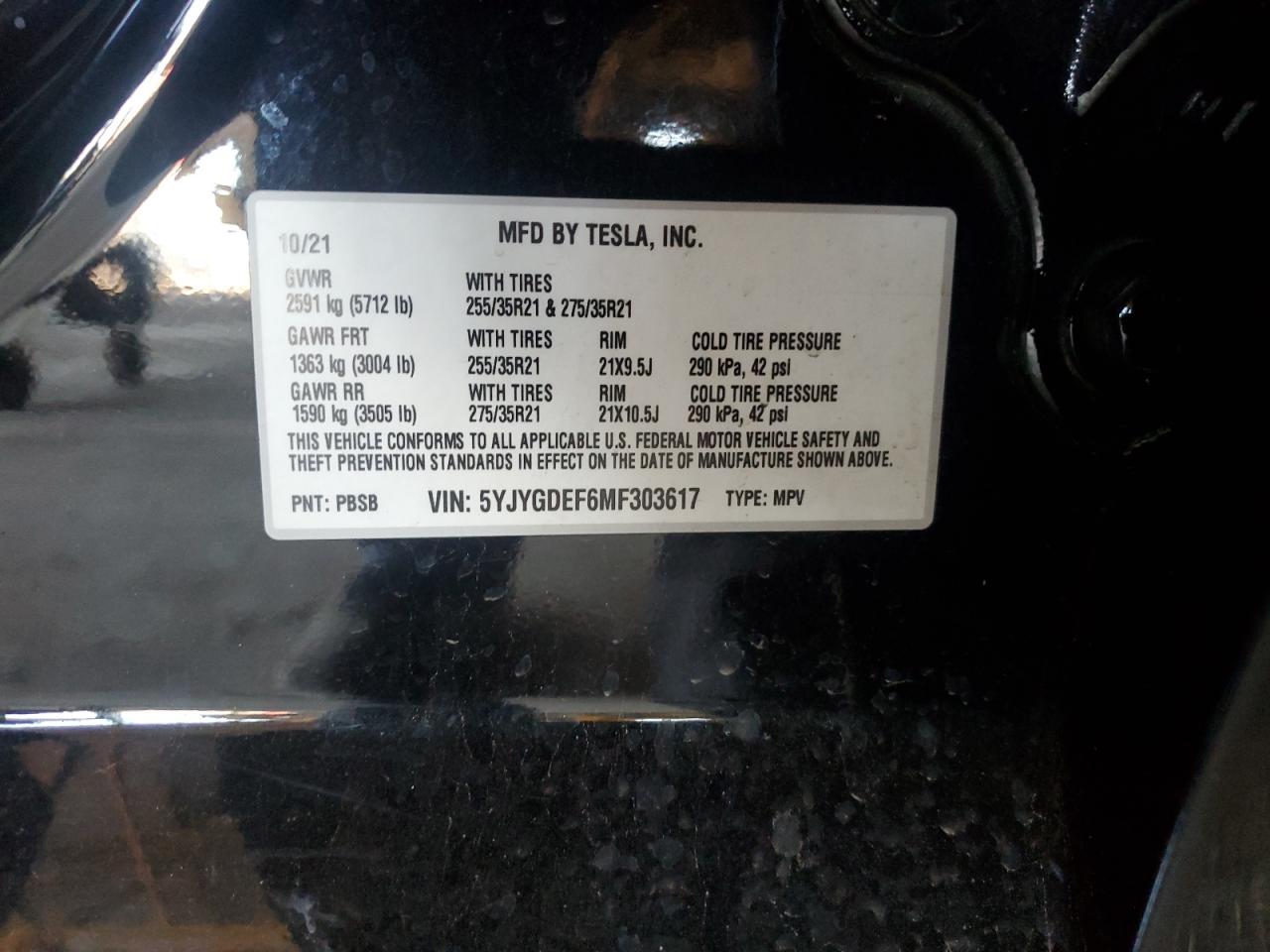 2021 Tesla Model Y VIN: 5YJYGDEF6MF303617 Lot: 59965595