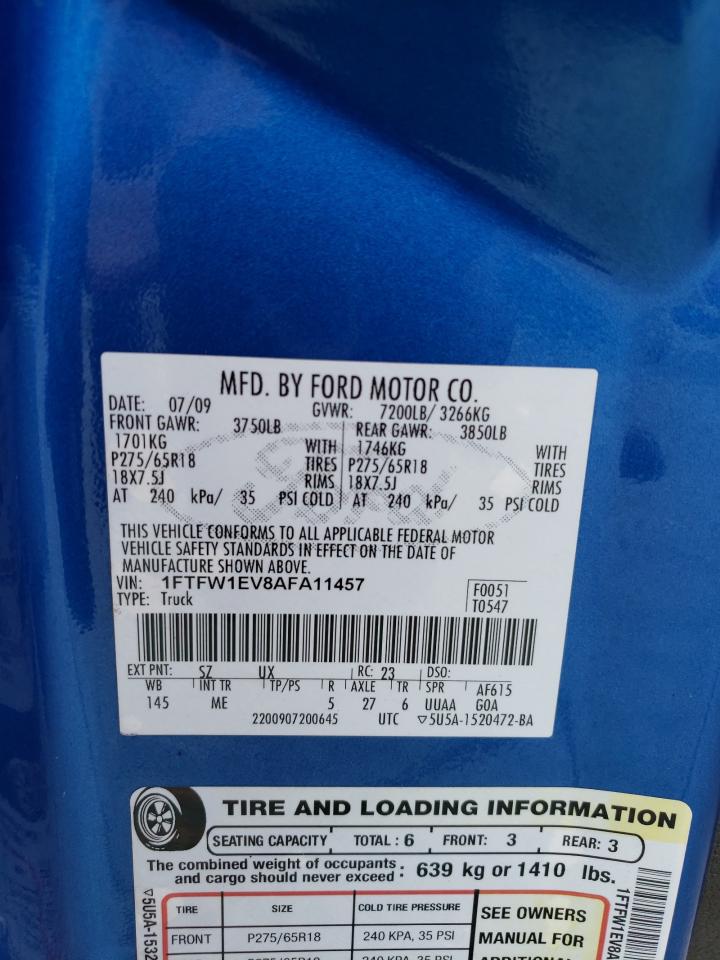 2010 Ford F150 Supercrew VIN: 1FTFW1EV8AFA11457 Lot: 60961435