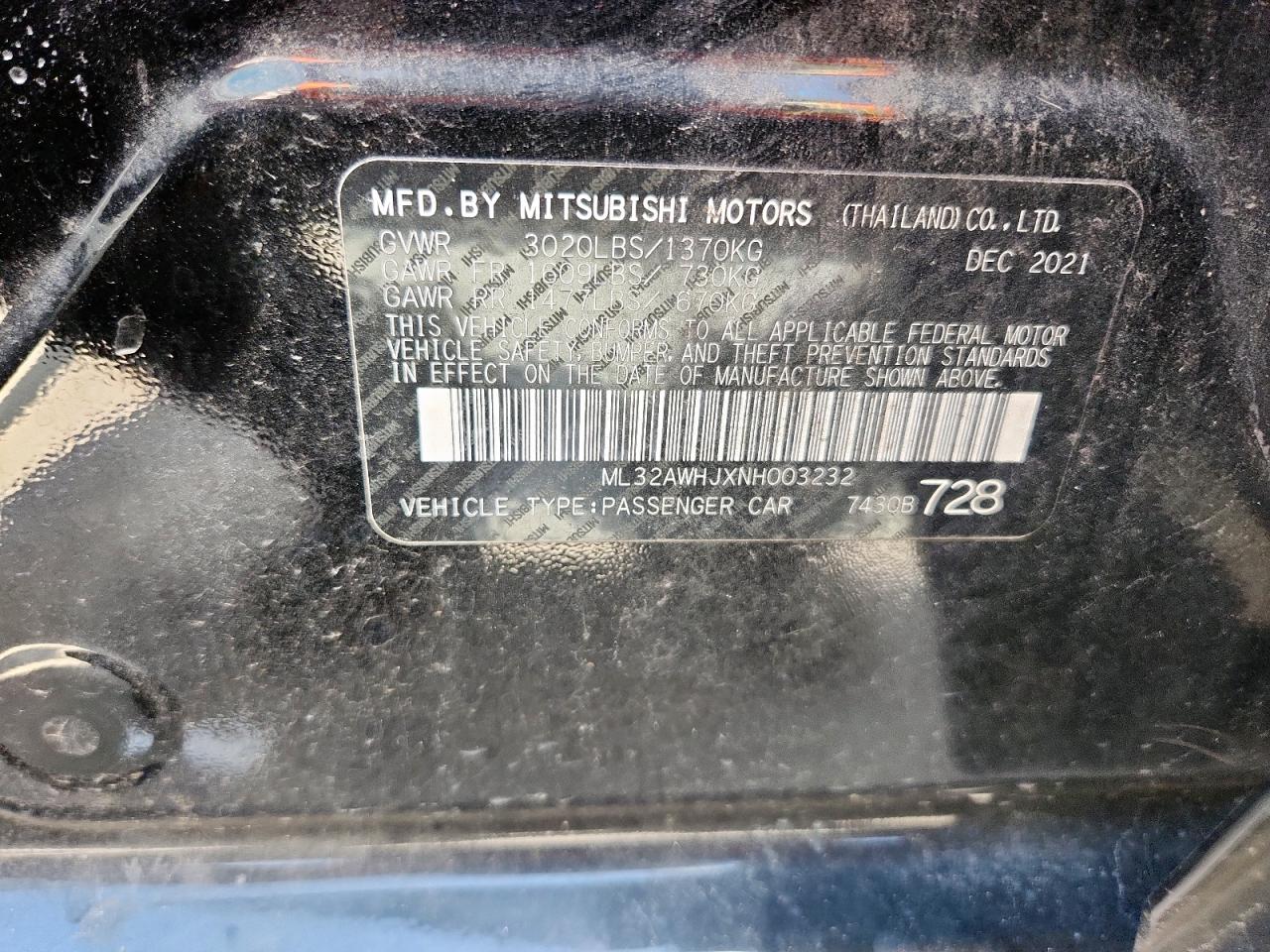 2022 Mitsubishi Mirage Se VIN: ML32AWHJXNH003232 Lot: 61951255