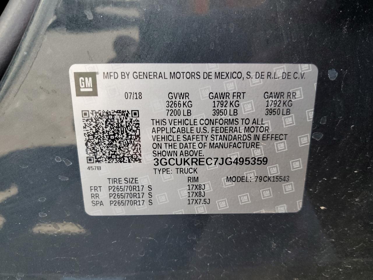 2018 Chevrolet Silverado K1500 Lt VIN: 3GCUKREC7JG495359 Lot: 62158445