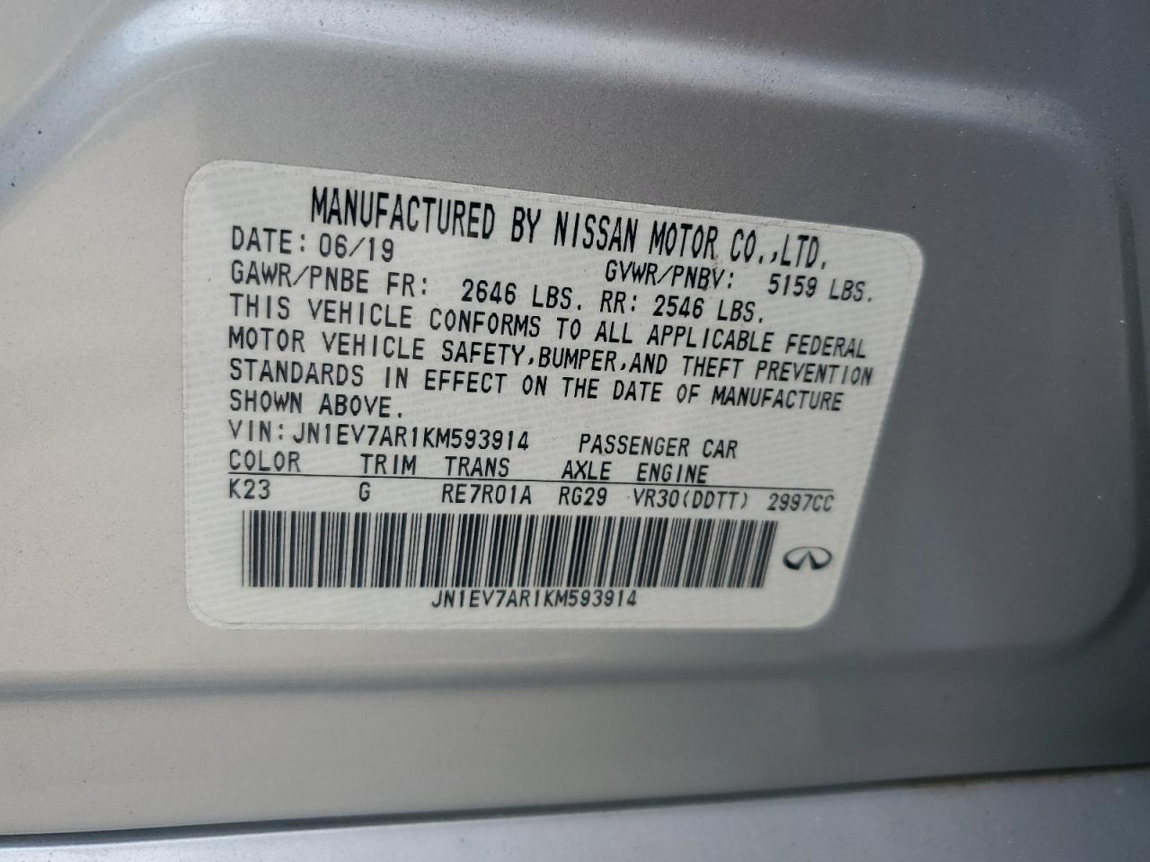 2019 Infiniti Q50 Luxe VIN: JN1EV7AR1KM593914 Lot: 57825555