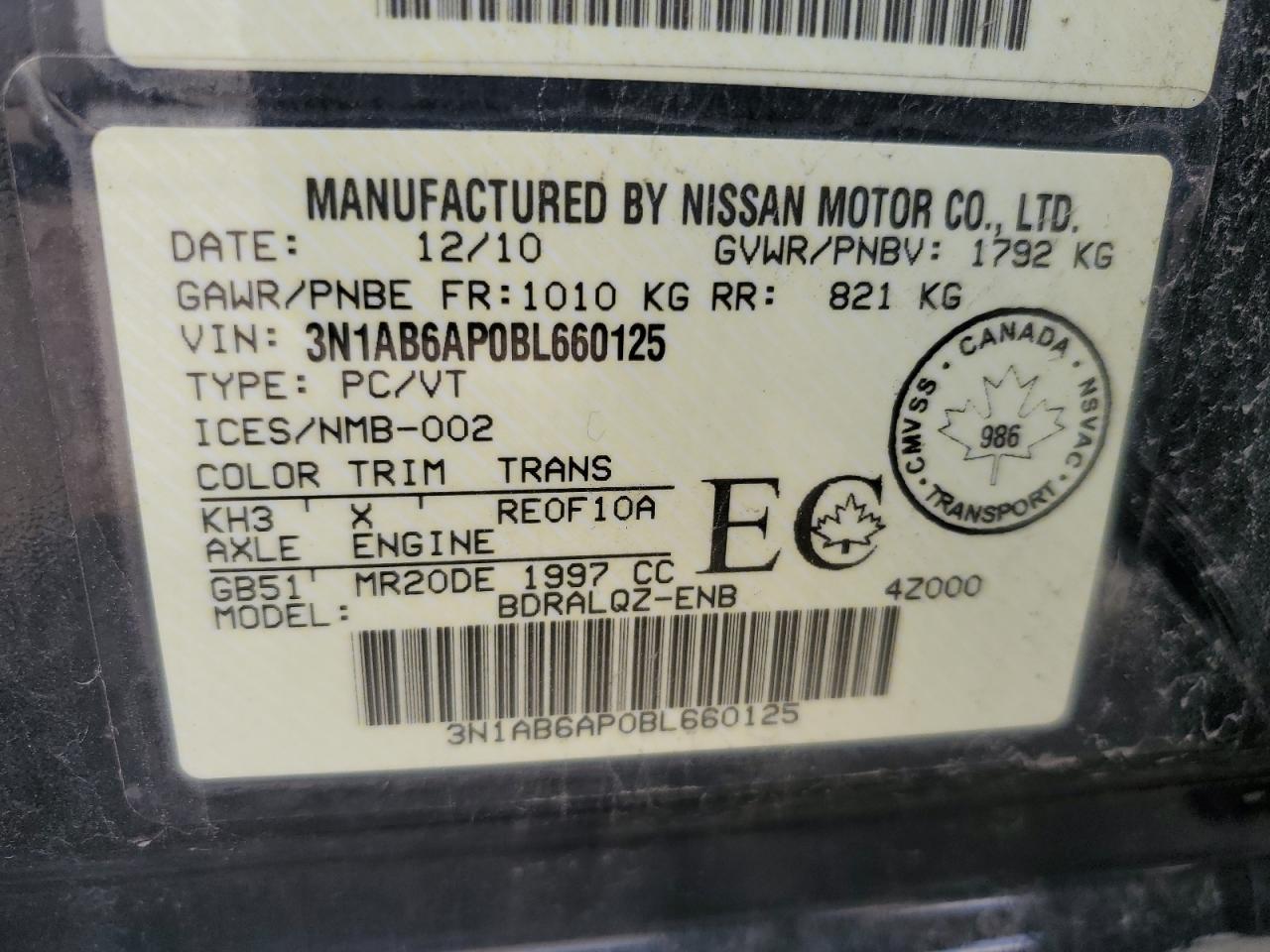 2011 Nissan Sentra 2.0 VIN: 3N1AB6AP0BL660125 Lot: 61181995