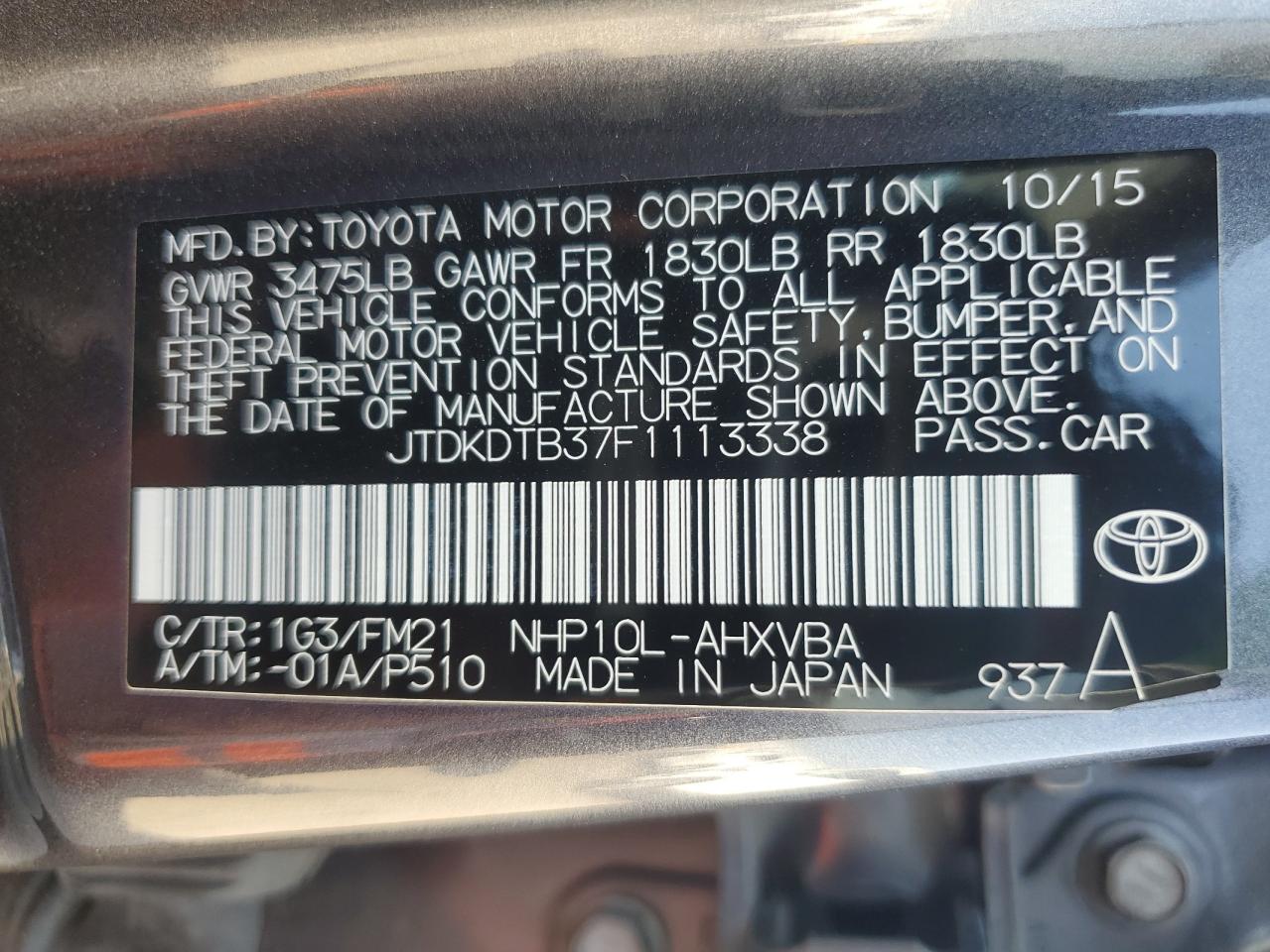 2015 Toyota Prius C VIN: JTDKDTB37F1113338 Lot: 62760475