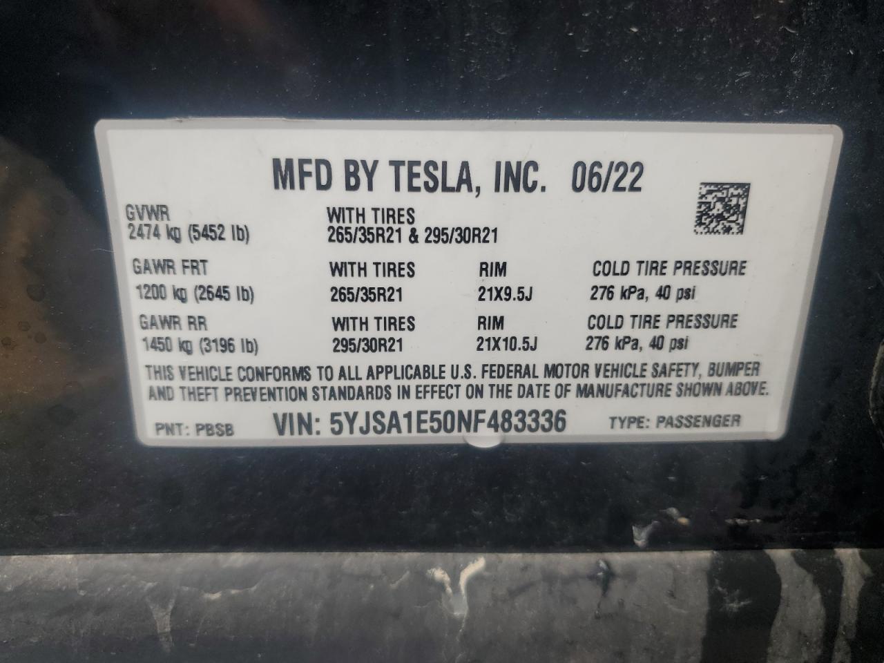 2022 Tesla Model S VIN: 5YJSA1E50NF483336 Lot: 60284215
