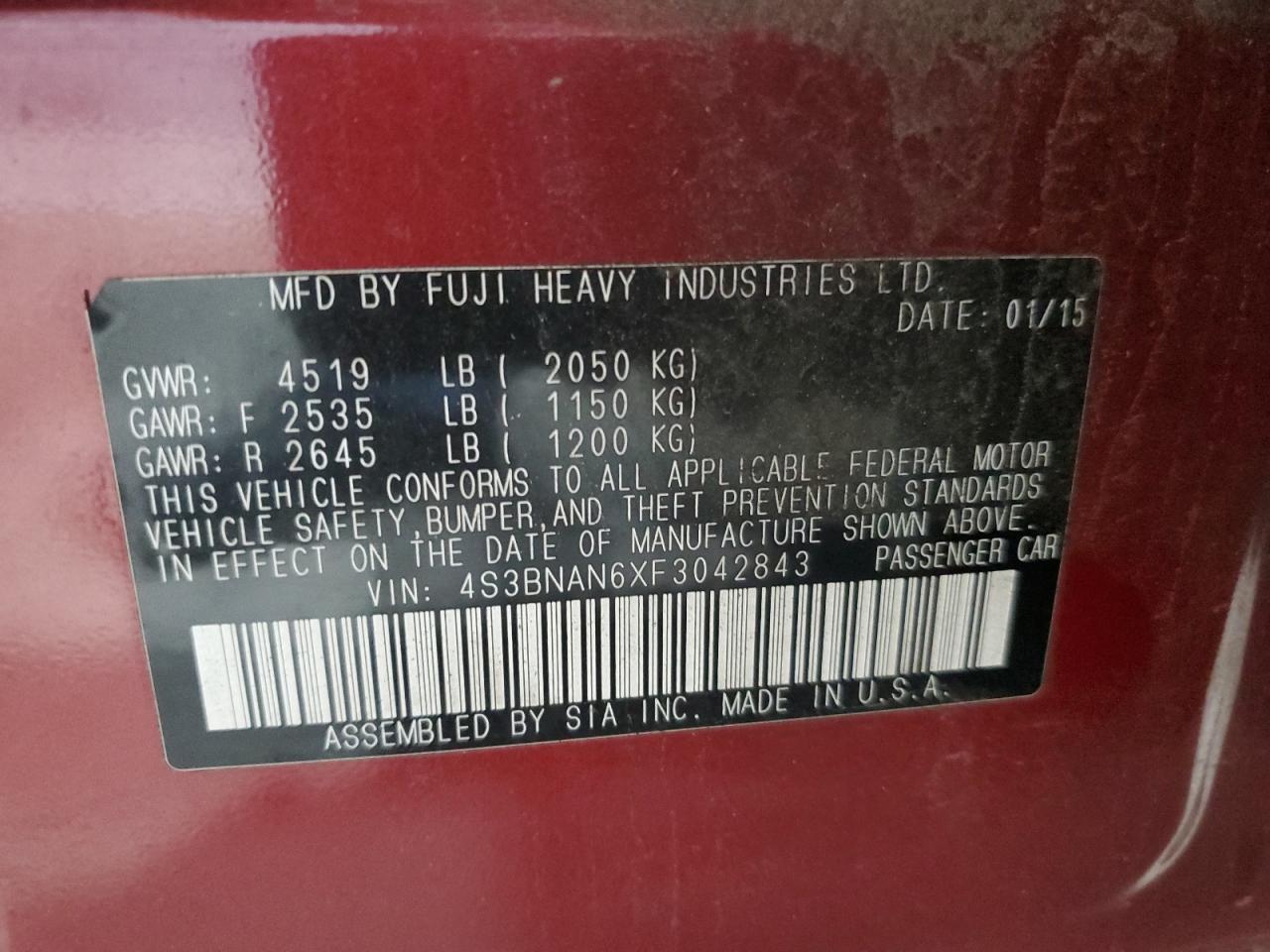 2015 Subaru Legacy 2.5I Limited VIN: 4S3BNAN6XF3042843 Lot: 62902645