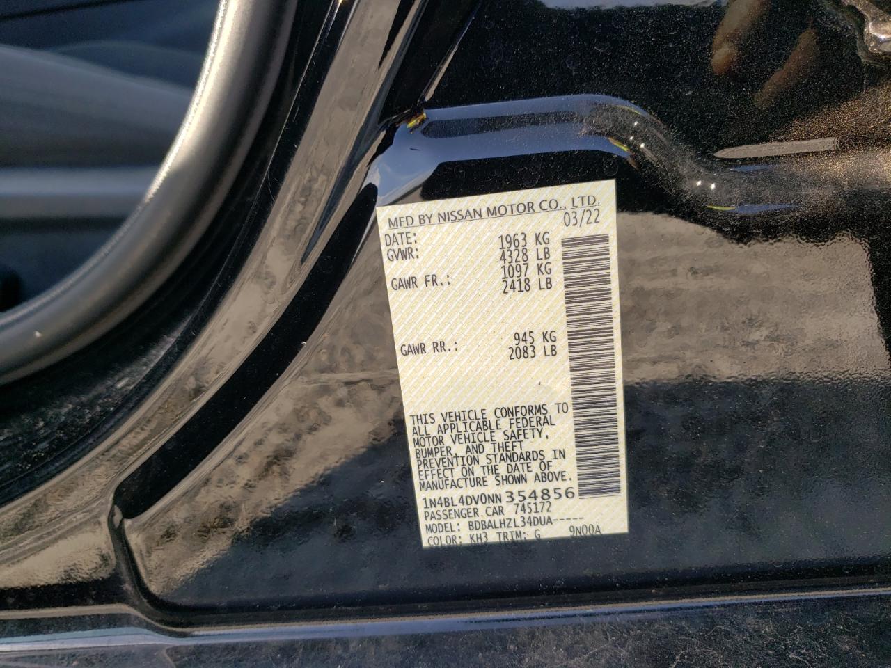2022 Nissan Altima Sv VIN: 1N4BL4DV0NN354856 Lot: 62628995