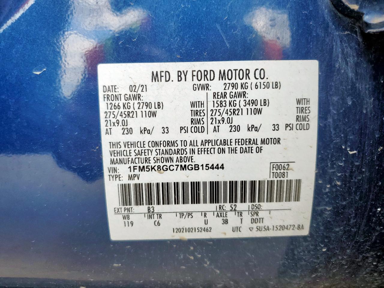 2021 Ford Explorer St VIN: 1FM5K8GC7MGB15444 Lot: 62065435