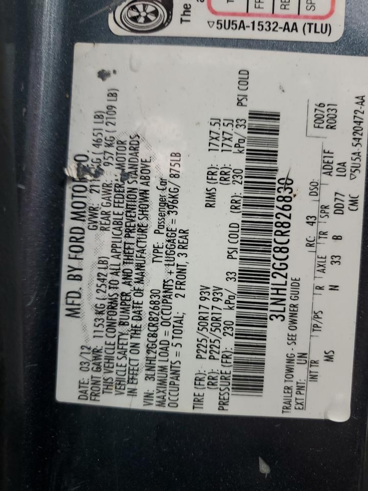 2012 Lincoln Mkz VIN: 3LNHL2GC8CR826830 Lot: 62866545