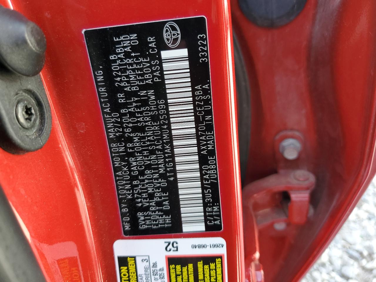 2021 Toyota Camry Se VIN: 4T1G11AK1MU425996 Lot: 61732355