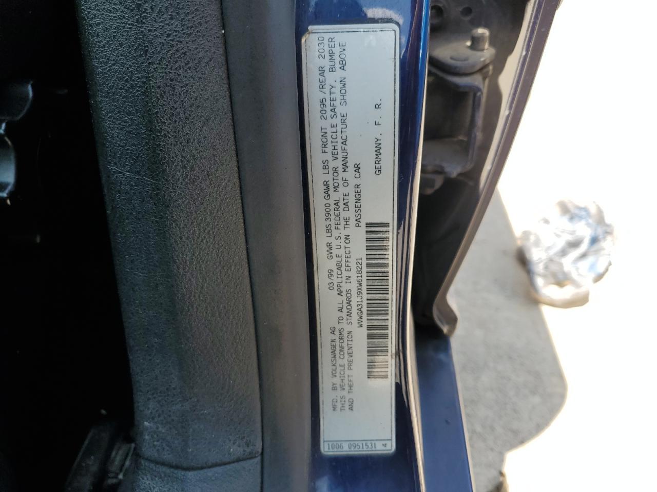 1999 Volkswagen Golf Gls VIN: WVWGA31J9XW618221 Lot: 61146315