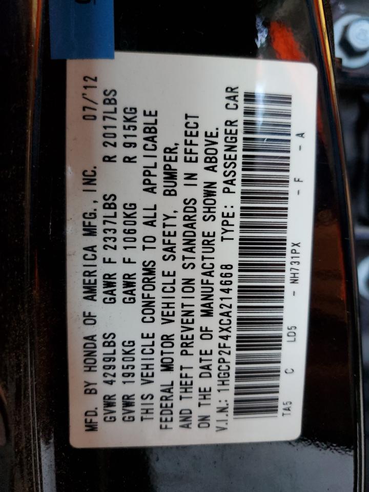 2012 Honda Accord Lxp VIN: 1HGCP2F4XCA214668 Lot: 62015965