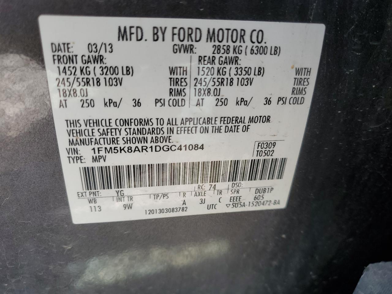 1FM5K8AR1DGC41084 2013 Ford Explorer Police Interceptor