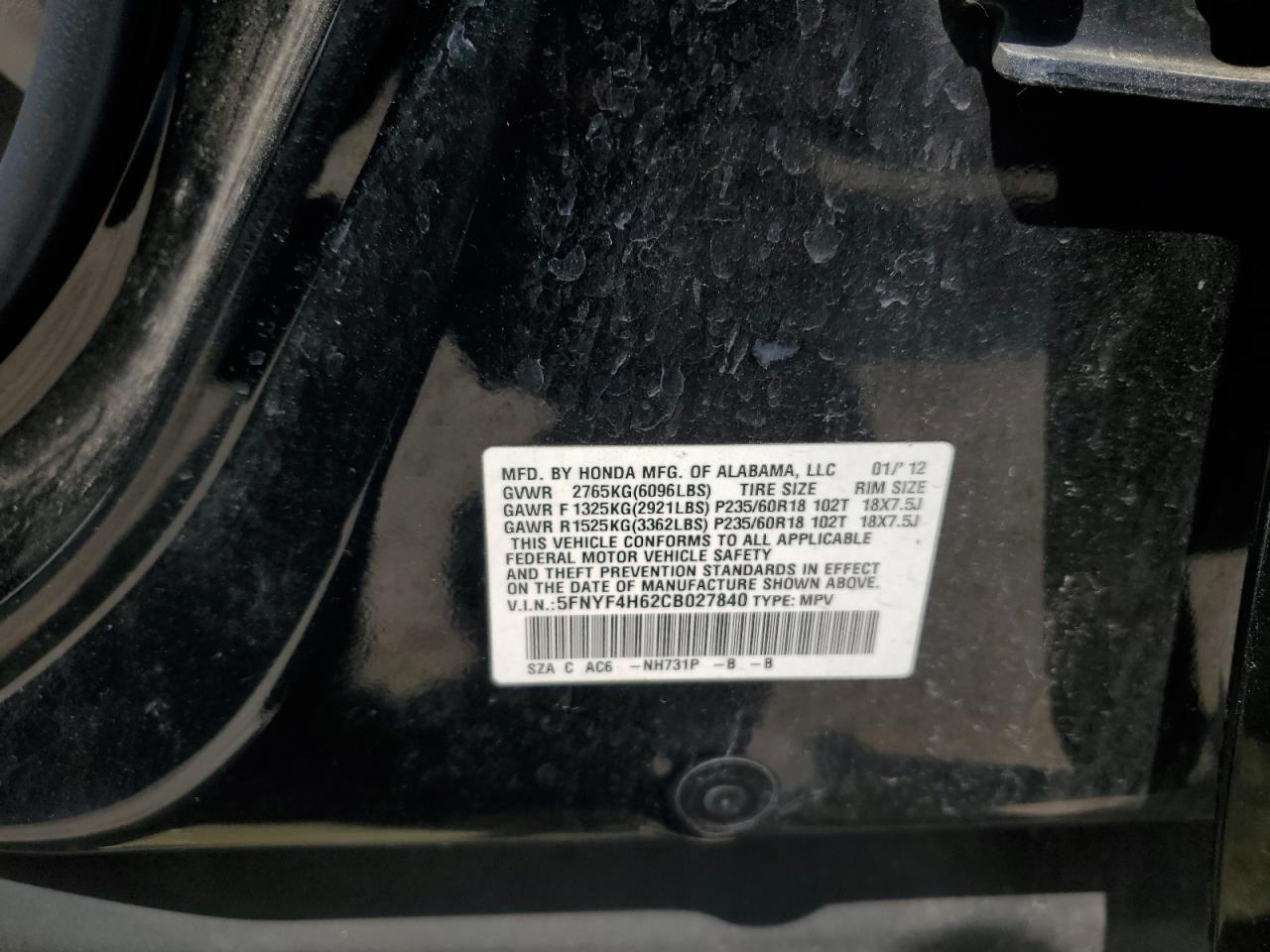2012 Honda Pilot Exl VIN: 5FNYF4H62CB027840 Lot: 60670195
