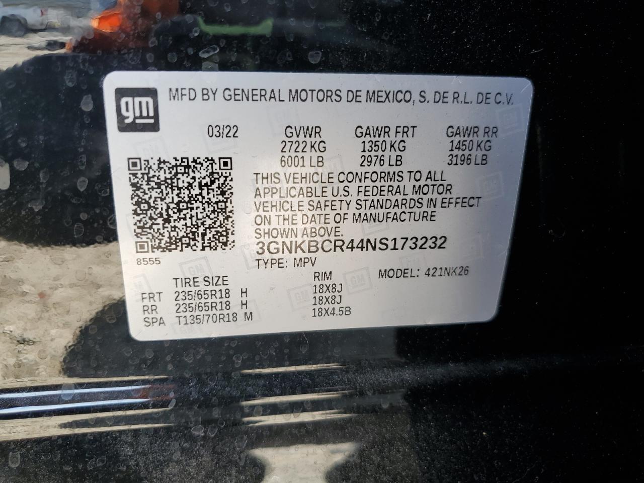 2022 Chevrolet Blazer 2Lt VIN: 3GNKBCR44NS173232 Lot: 62600245