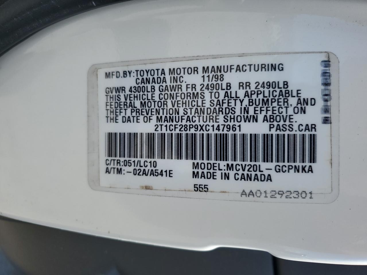 1999 Toyota Camry Solara Se VIN: 2T1CF28P9XC147961 Lot: 59989985
