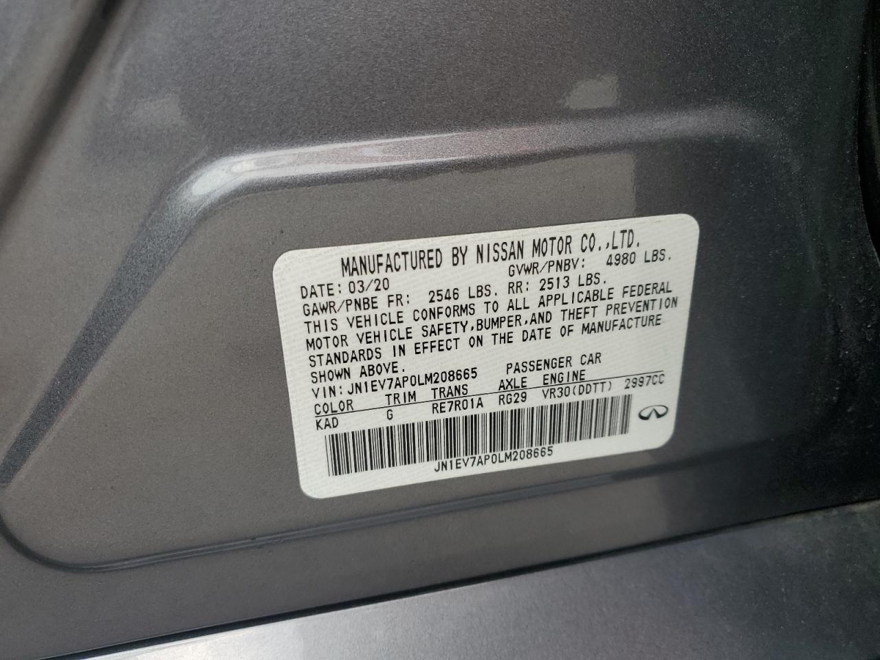 2020 Infiniti Q50 Pure VIN: JN1EV7AP0LM208665 Lot: 62737695