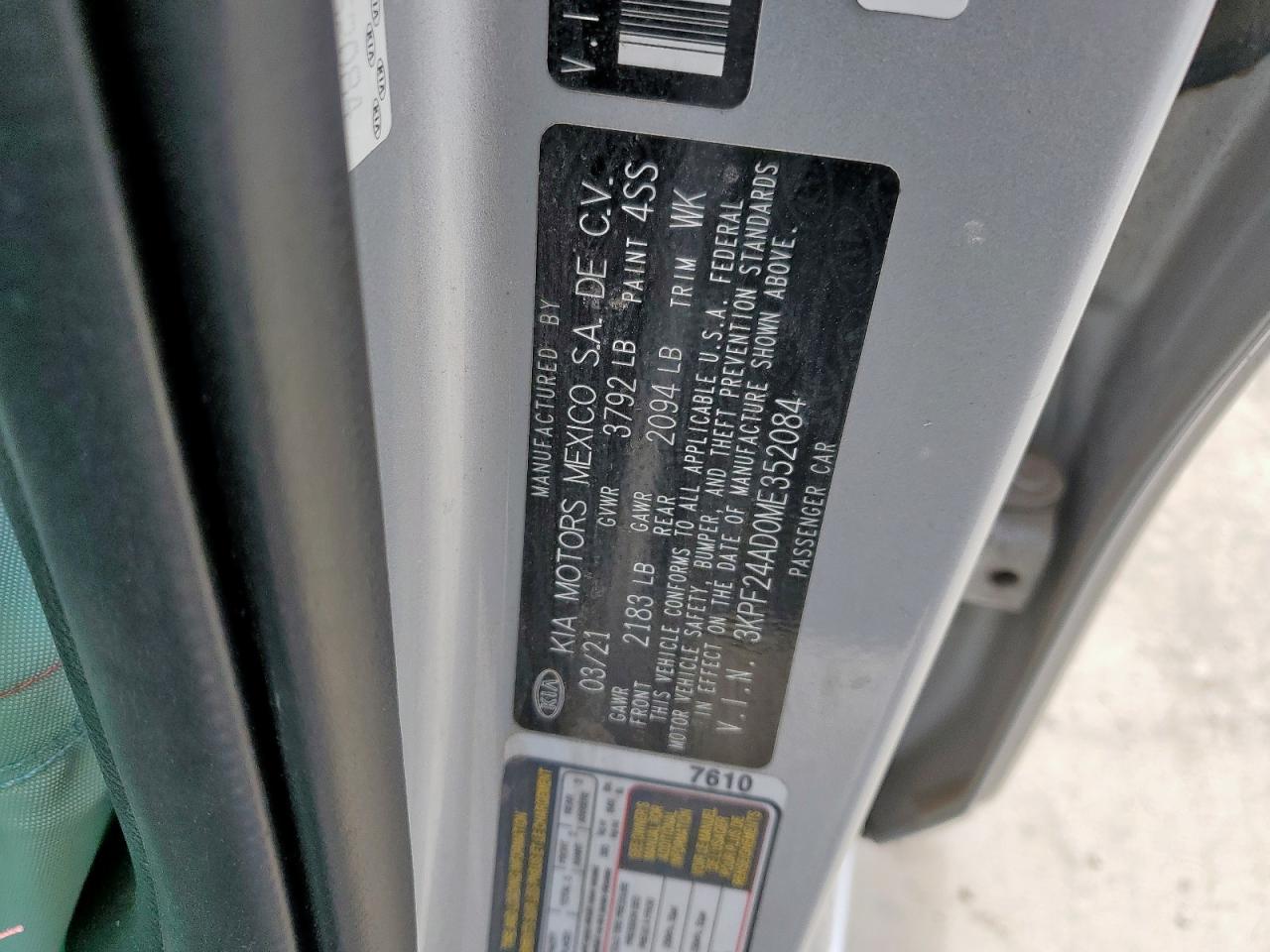 2021 Kia Forte Fe VIN: 3KPF24AD0ME352084 Lot: 61478395