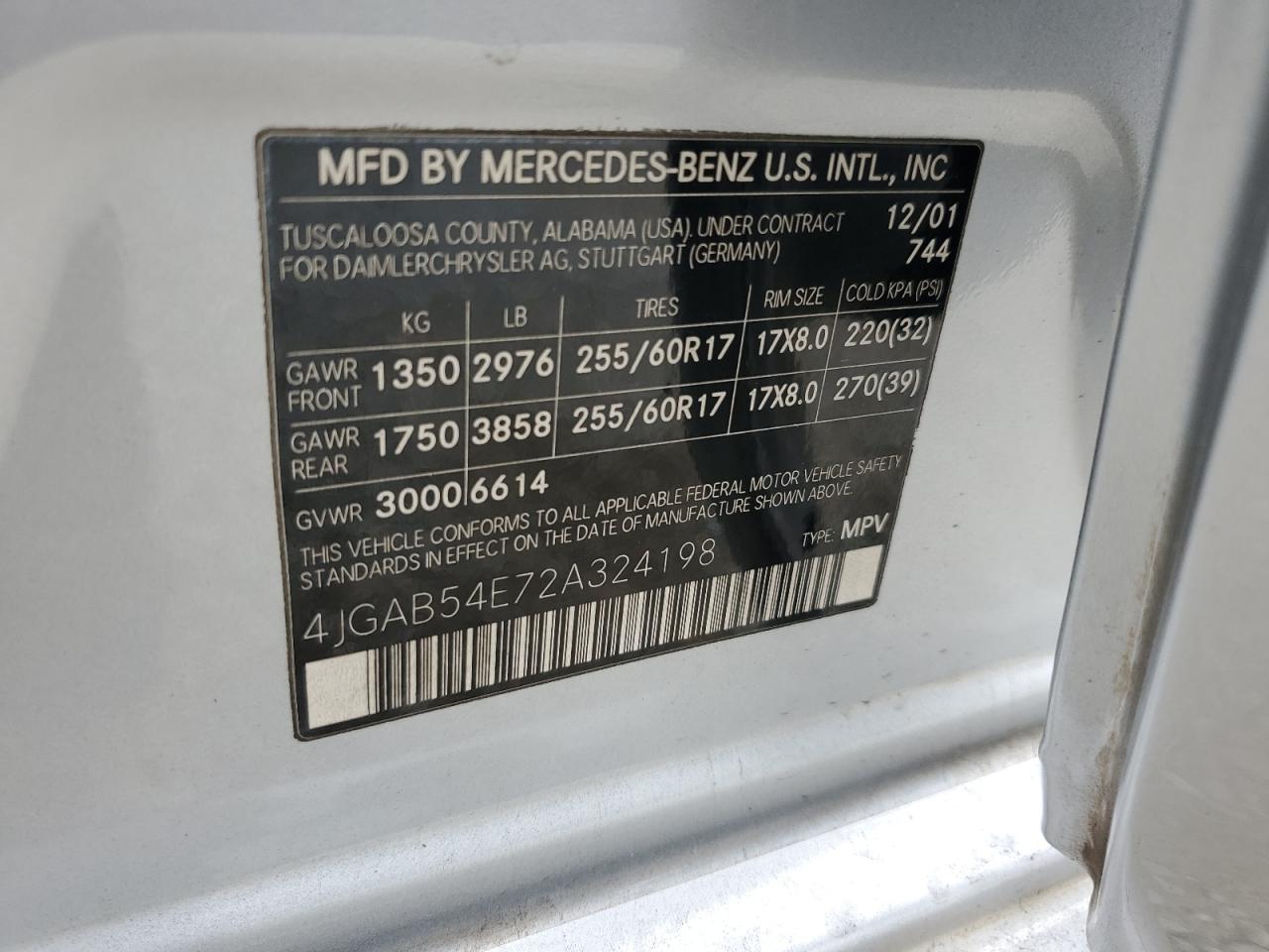 2002 Mercedes-Benz Ml 320 VIN: 4JGAB54E72A324198 Lot: 59327075