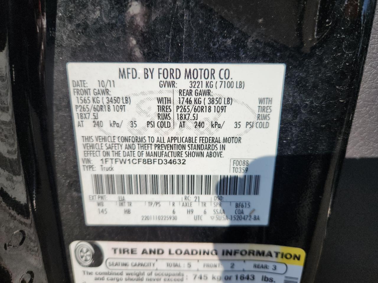 2011 Ford F150 Supercrew VIN: 1FTFW1CF8BFD34632 Lot: 62639015