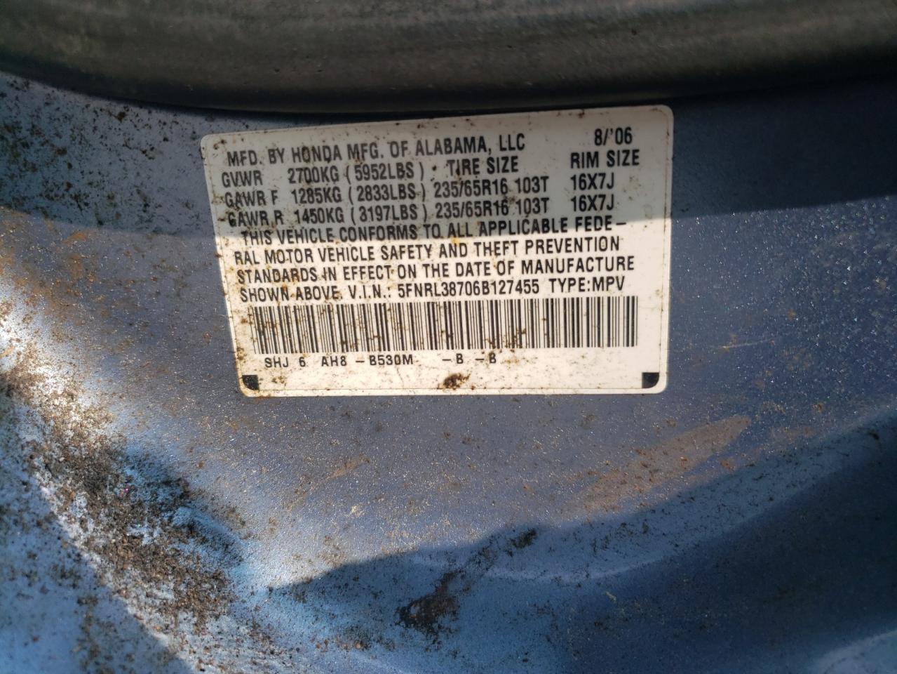 2006 Honda Odyssey Exl VIN: 5FNRL38706B127455 Lot: 62310615