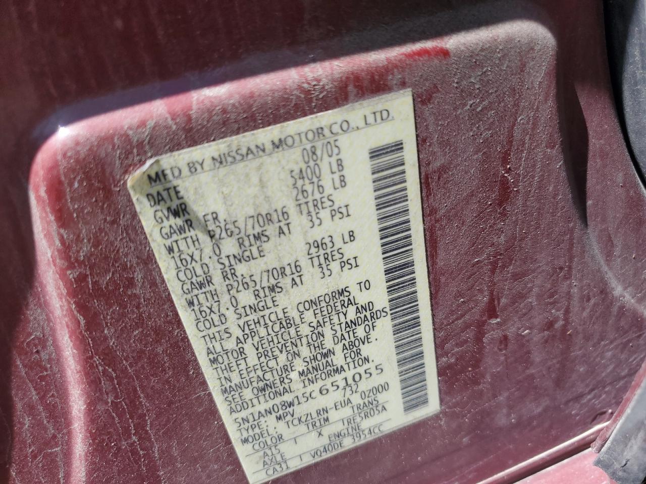 2005 Nissan Xterra Off Road VIN: 5N1AN08W15C651055 Lot: 62389335