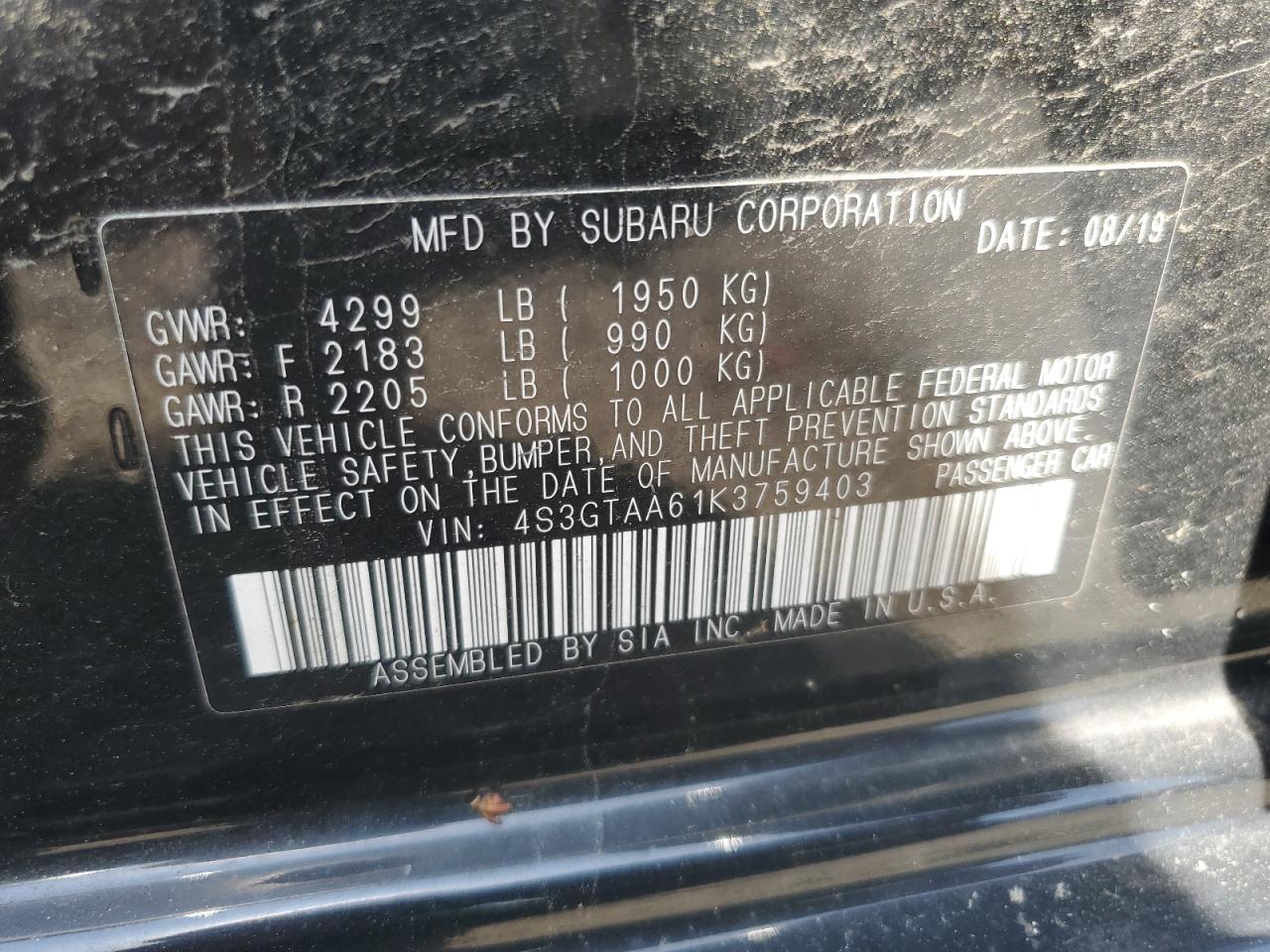 2019 Subaru Impreza VIN: 4S3GTAA61K3759403 Lot: 60522625