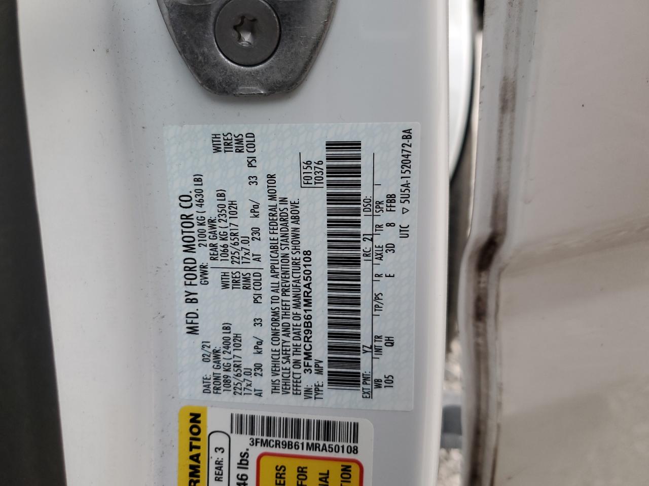 2021 Ford Bronco Sport Big Bend VIN: 3FMCR9B61MRA50108 Lot: 62382445