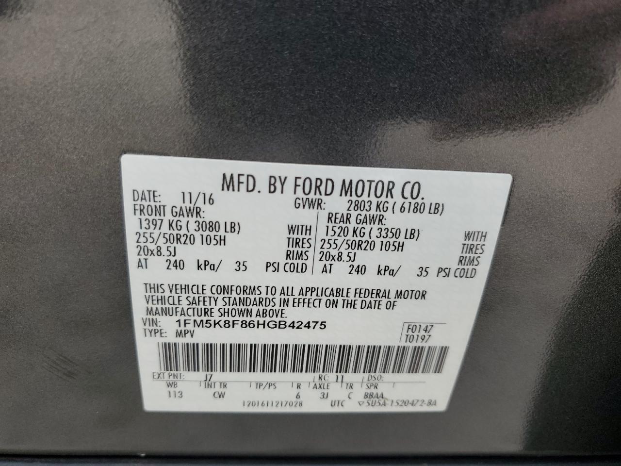 2017 Ford Explorer Limited VIN: 1FM5K8F86HGB42475 Lot: 63057185