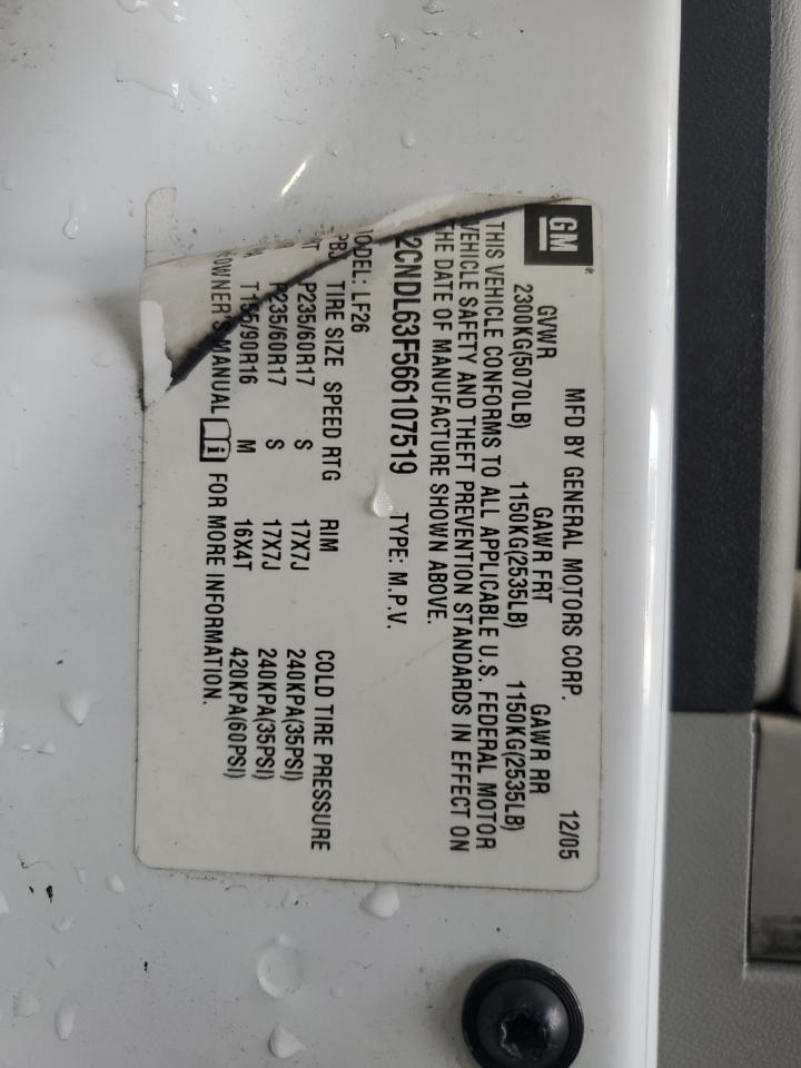 2006 Chevrolet Equinox Lt VIN: 2CNDL63F566107519 Lot: 62686585