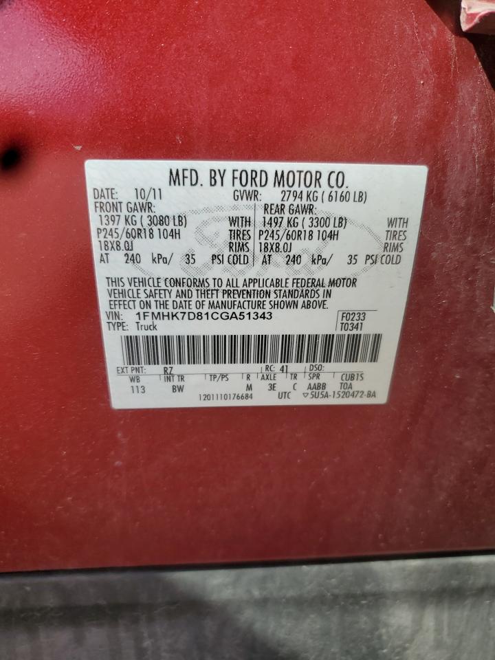 2012 Ford Explorer Xlt VIN: 1FMHK7D81CGA51343 Lot: 60939885