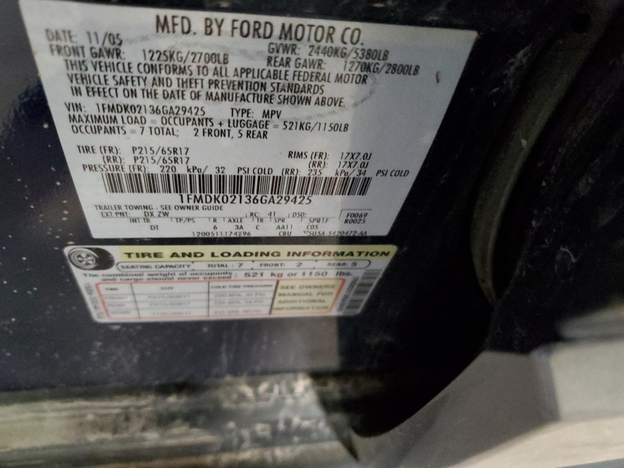 2006 Ford Freestyle Sel VIN: 1FMDK02136GA29425 Lot: 60169345