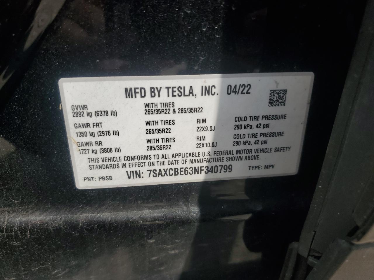 2022 Tesla Model X VIN: 7SAXCBE63NF340799 Lot: 58754625