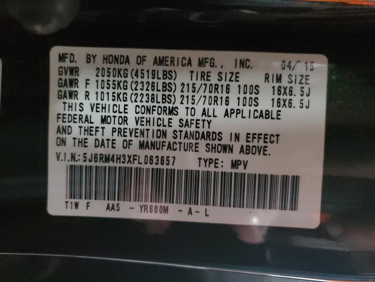 2015 Honda Cr-V Lx VIN: 5J6RM4H3XFL063657 Lot: 61333715