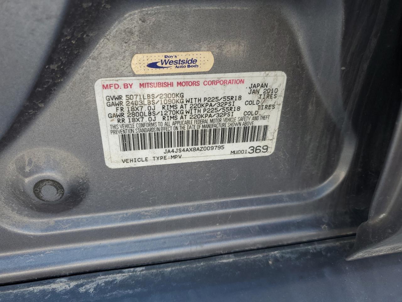 2010 Mitsubishi Outlander Xls VIN: JA4JS4AX8AZ009795 Lot: 62952665