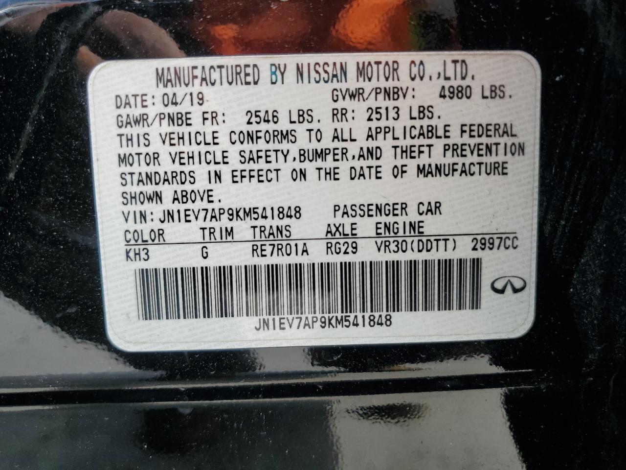 2019 Infiniti Q50 Luxe VIN: JN1EV7AP9KM541848 Lot: 62968865