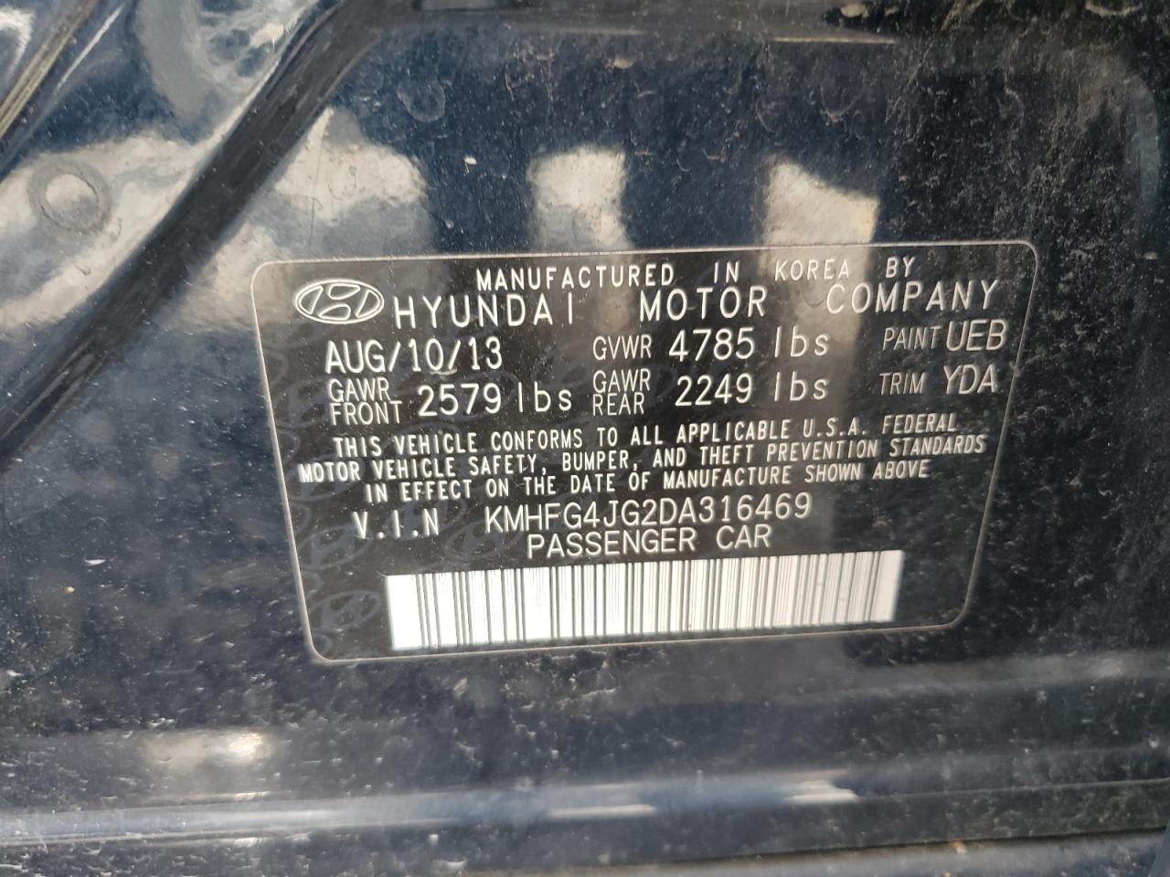 2013 Hyundai Azera VIN: KMHFG4JG2DA316469 Lot: 60664495
