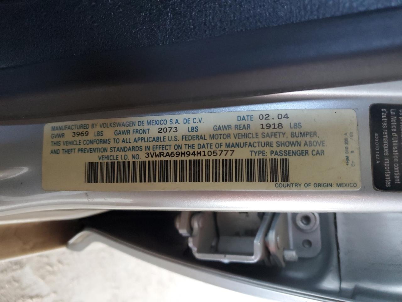 2004 Volkswagen Jetta Gl VIN: 3VWRA69M94M105777 Lot: 62217885