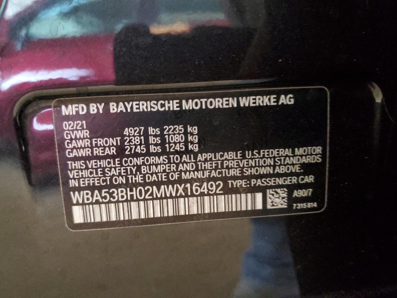 2021 BMW 530 I VIN: WBA53BH02MWX16492 Lot: 62779545