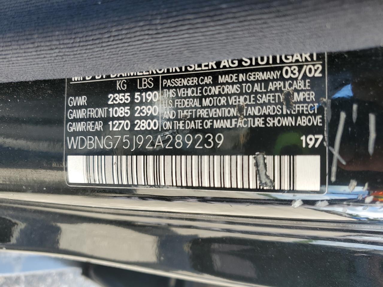 2002 Mercedes-Benz S 500 VIN: WDBNG75J92A289239 Lot: 59052135