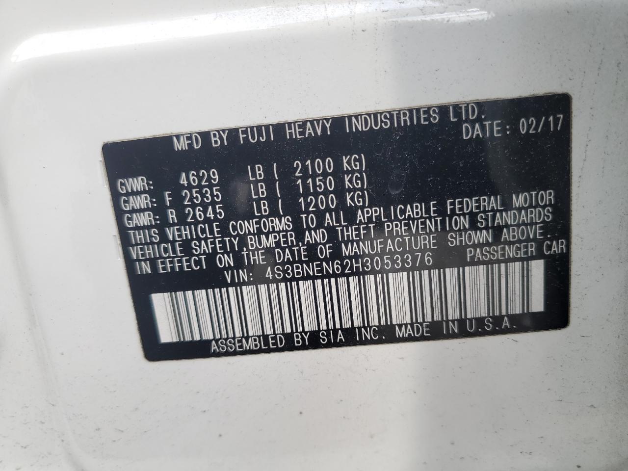 2017 Subaru Legacy 3.6R Limited VIN: 4S3BNEN62H3053376 Lot: 60855935