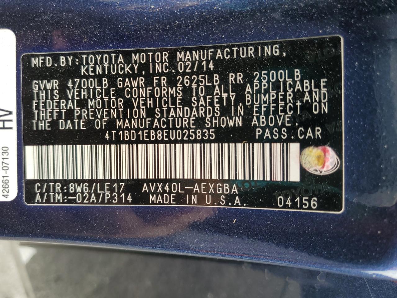 2014 Toyota Avalon Hybrid VIN: 4T1BD1EB8EU025835 Lot: 62180175